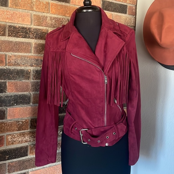Main Strip Burgundy Fringe Jacket - Picture 1 of 5